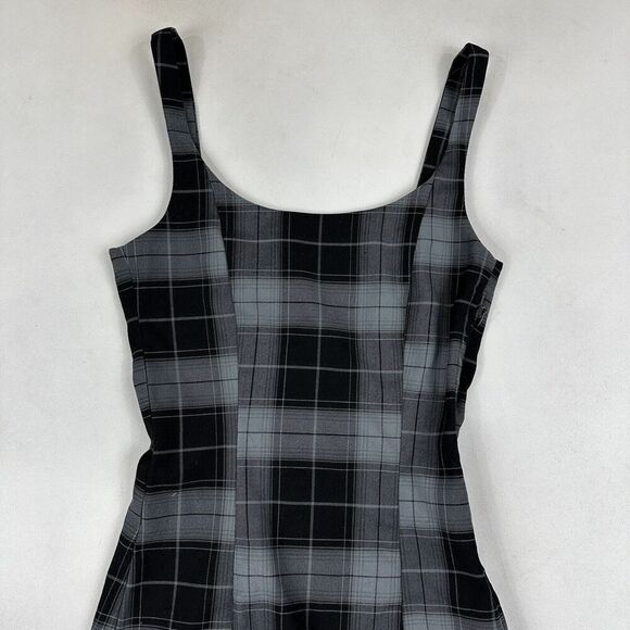 H&M Divided Black Gray Plaid Tank Dress Thick Straps Side Zip Stretch Slit XXS - Picture 3 of 8